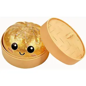 Glitter Dumpling Soft Toy, Surprise Box Slow Rebound Stress Relief Toy, Squeezable Sensory Stress Relief Toy, Elastic Stress Relief Desktop Toy with Food Steamer, Suitable for Children and Adults (Glitter Gold)