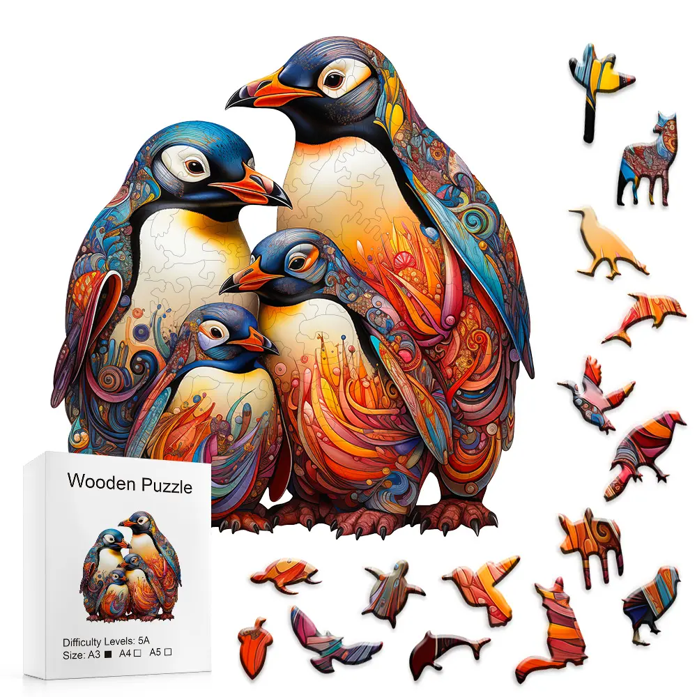 Colorful Penguin Family Animal Shape Wooden Jigsaw Puzzle - 5A Difficulty Unisex Artistic Toy, Enhances Puzzle-Solving Skills, A3/A4/A5 Sizes Available for Kids & Adults, Puzzle Game, Art Puzzles Gift