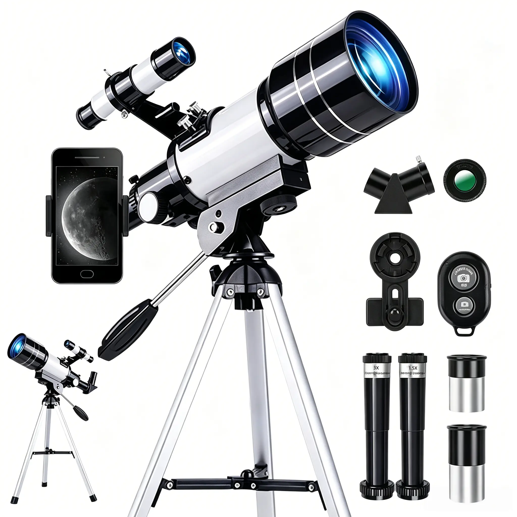 Refractor Astronomical Telescope for Beginners, Portable HD 70mm Large Aperture, 15X-150X Magnification, 360° Adjustable Bracket, Full Accessories: Tripod, 2 Eyepieces, 1.5X&3X Barlow Lenses, Moon Filter, Finder Scope, Zenith Mirror, Phone Adapter