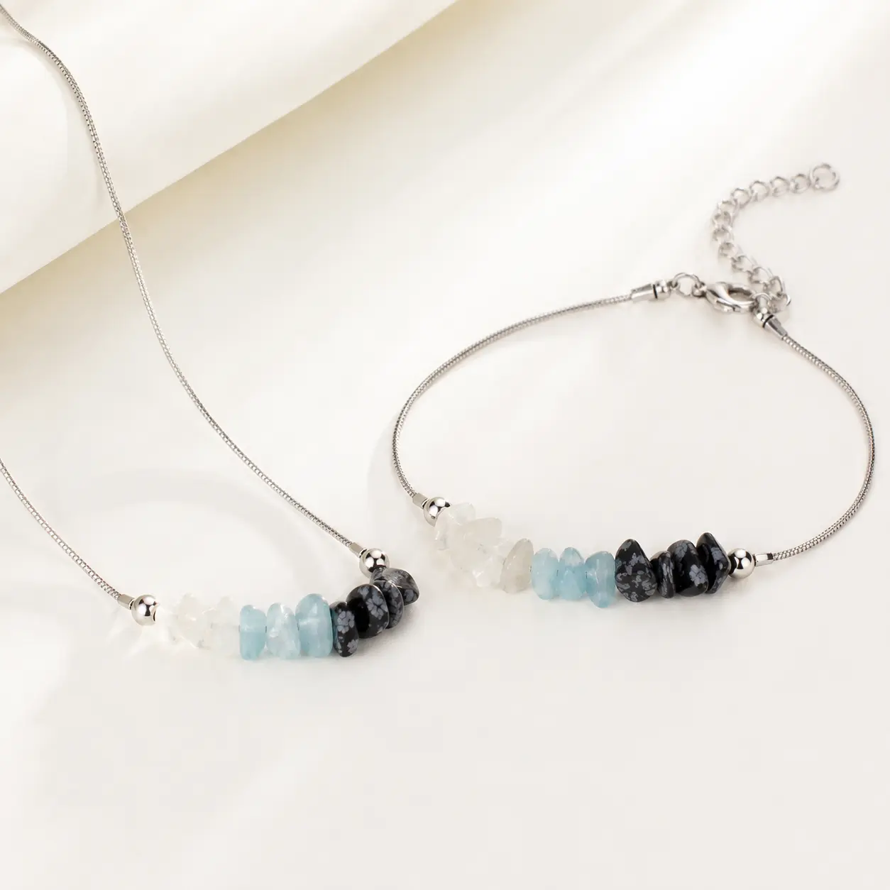 YLNWH Natural Stone Chip Necklace & Bracelet Set for Women, Silver Tone Moonstone Aquamarine Snowflake Obsidian Jewelry, Adjustable Matching Jewelry Set, Minimalist Gift