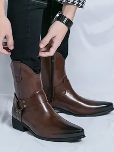 Couple Pointed Toe Chunky Heel Short Boots, Vintage British Style Embroidered Knight Boots, Chelsea Western Boots, Casual Fall & Winter