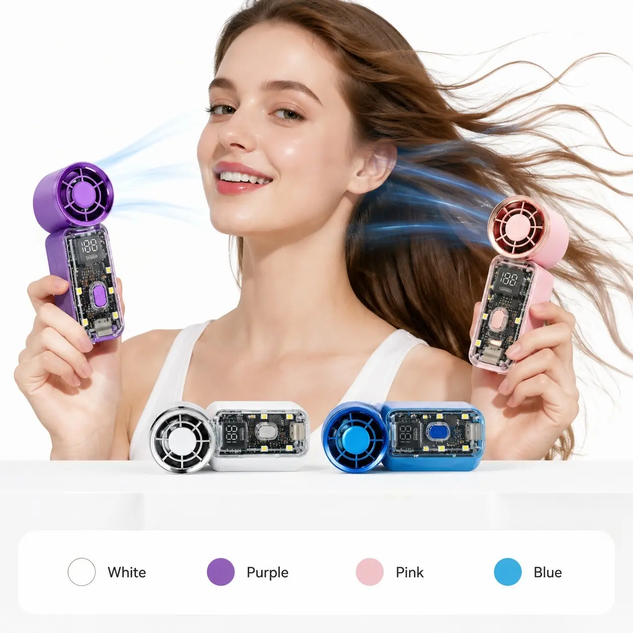 Cute Transparent Handheld Fan, 6-Speed USB Rechargeable, Battery Operated Lithium Battery LED Light USB Cooling Portable Desk & Travel Fan for Summer Use, Battery Operated Fans, Led Light Fan High Velocity Fan Led Lighting Fan