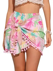 INSPIRE CHIC Women's Tie Side Knot Tassel Split Beach Hawaiian Mini Skirt Tropical Floral Skirt Pink