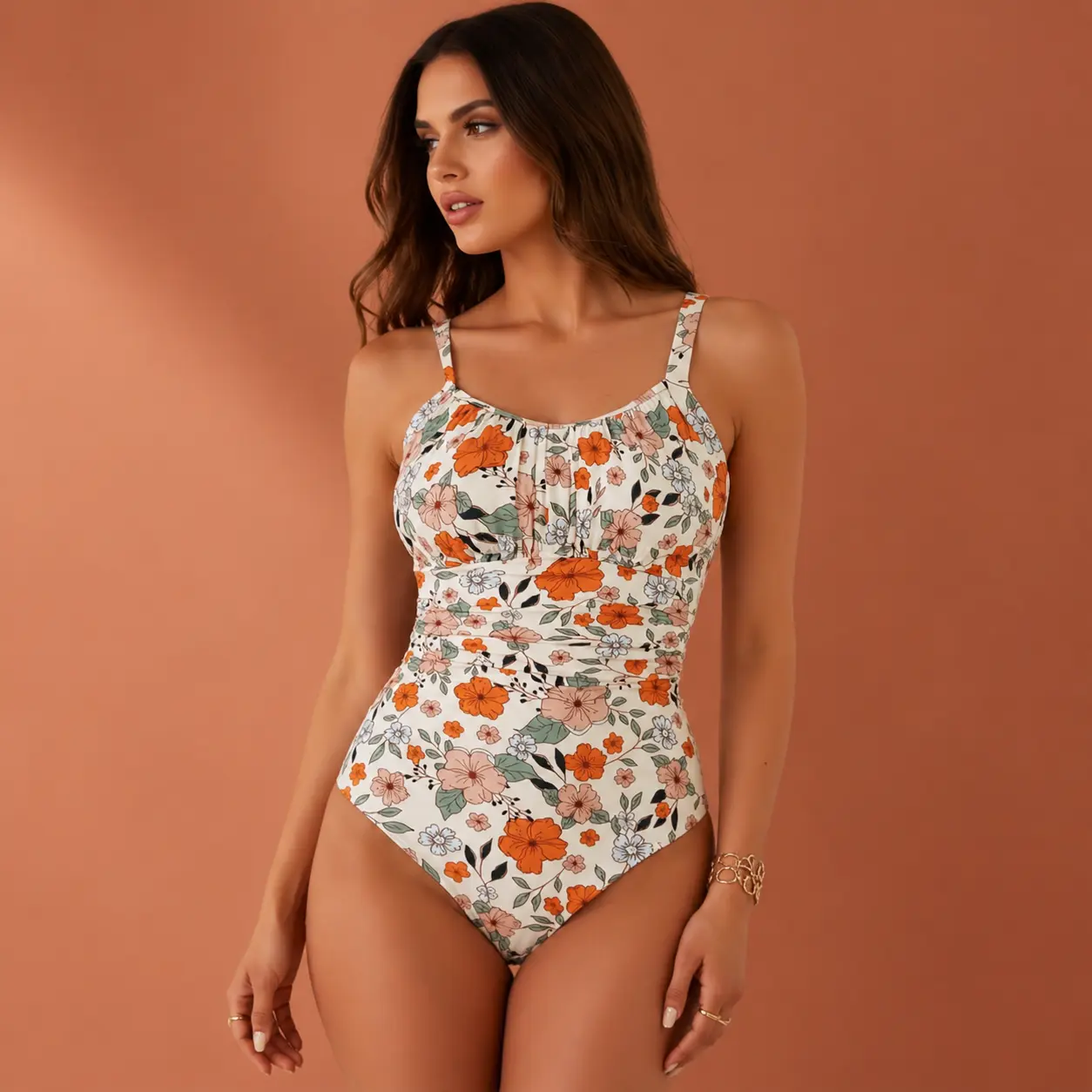 Women's Floral One Piece Swimsuit Scoop Neck Wide Strap Open Back Cutout Printed Swimwear, Cream Floral One Piece Bathing Suit with Gathered Bust Detail and Moderate Coverage for Beach Pool Vacation Resort Wear