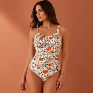 Women's Floral One Piece Swimsuit Scoop Neck Wide Strap Open Back Cutout Printed Swimwear, Cream Floral One Piece Bathing Suit with Gathered Bust Detail and Moderate Coverage for Beach Pool Vacation Resort Wear