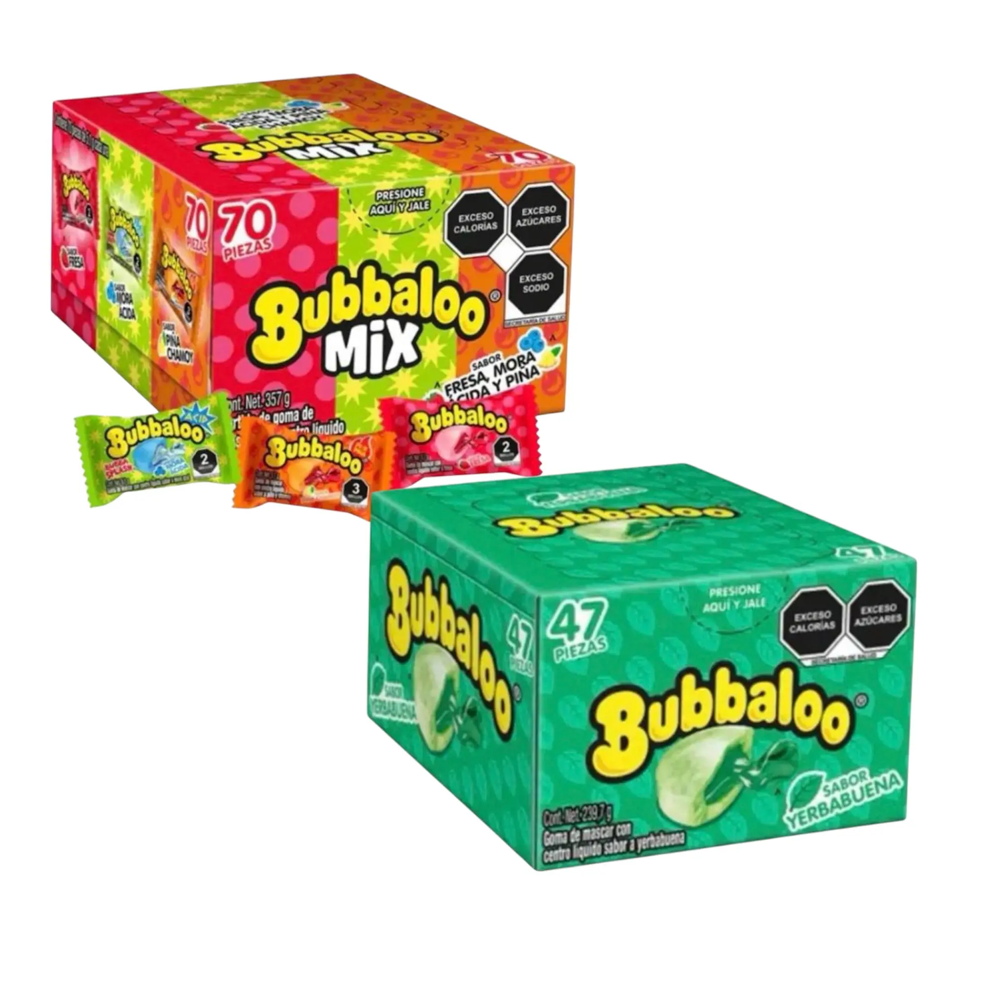 Bubbaloo Mix 3-Flavor (70 Pieces)  and Bubbaloo Yerba Buena (Spearmint) 47 pieces Liquid-Filled Center Bubble Gum, Mexican Candy, Dulces Mexicanos, Flavors Fresa, Mora Acidia, and Pineapple Chamoy