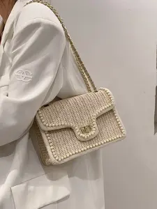 Light luxury and exquisite texture woven flip bag, retro style chain shoulder strap single shoulder crossbody bag, with pearl decoration design, Embellished shoulder bag, Crossbody shoulder purses, Stylish crossbody