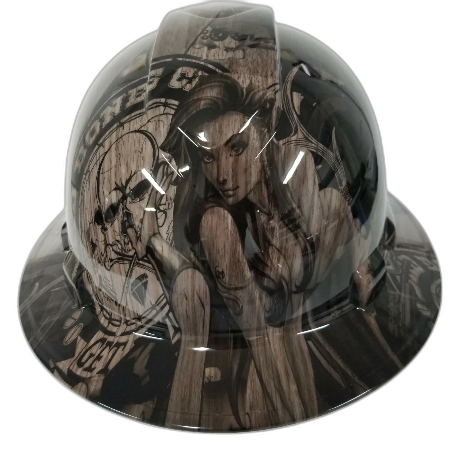 Biker Skull on Wood Grain - Custom Hydro Dipped Full Brim Hard Hat