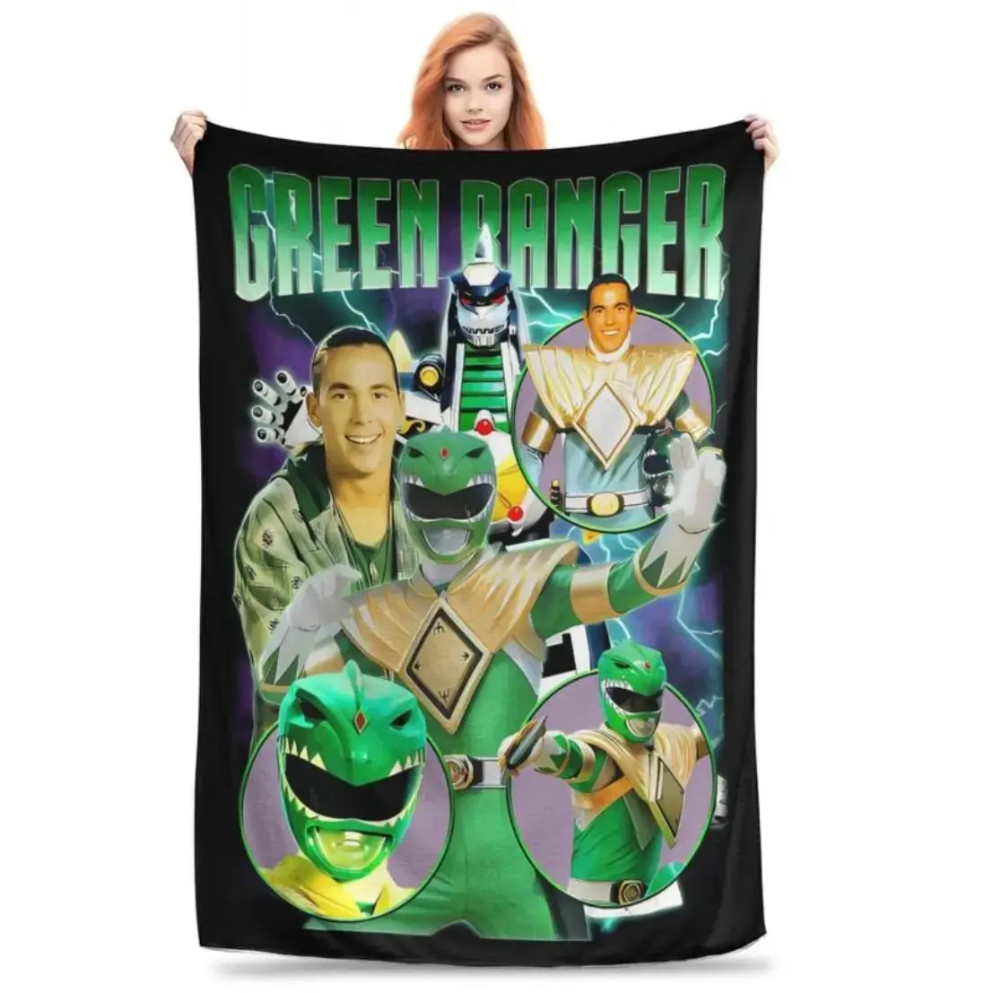 Green Ranger Bootleg Vintage Flannel Throw Blanket, Soft Warm Lightweight Fleece, Retro 90s Power Rangers Decor for Bed Sofa Couch Dorm, Unique Birthday Christmas Gift For Fans