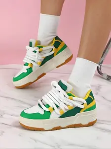 Women's Fashionable Colorblock Lace Up Low Top Skate Shoes, Casual Comfortable Breathable Sports Shoes, Female All-match Round Toe Shoes for Daily Wear