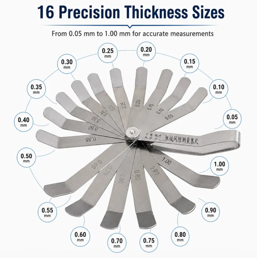 TIKA 16-Blade Stainless Steel Feeler Gauge, Metric and Imperial Gap Measuring Tool for Spark Plug and Valve Adjustment