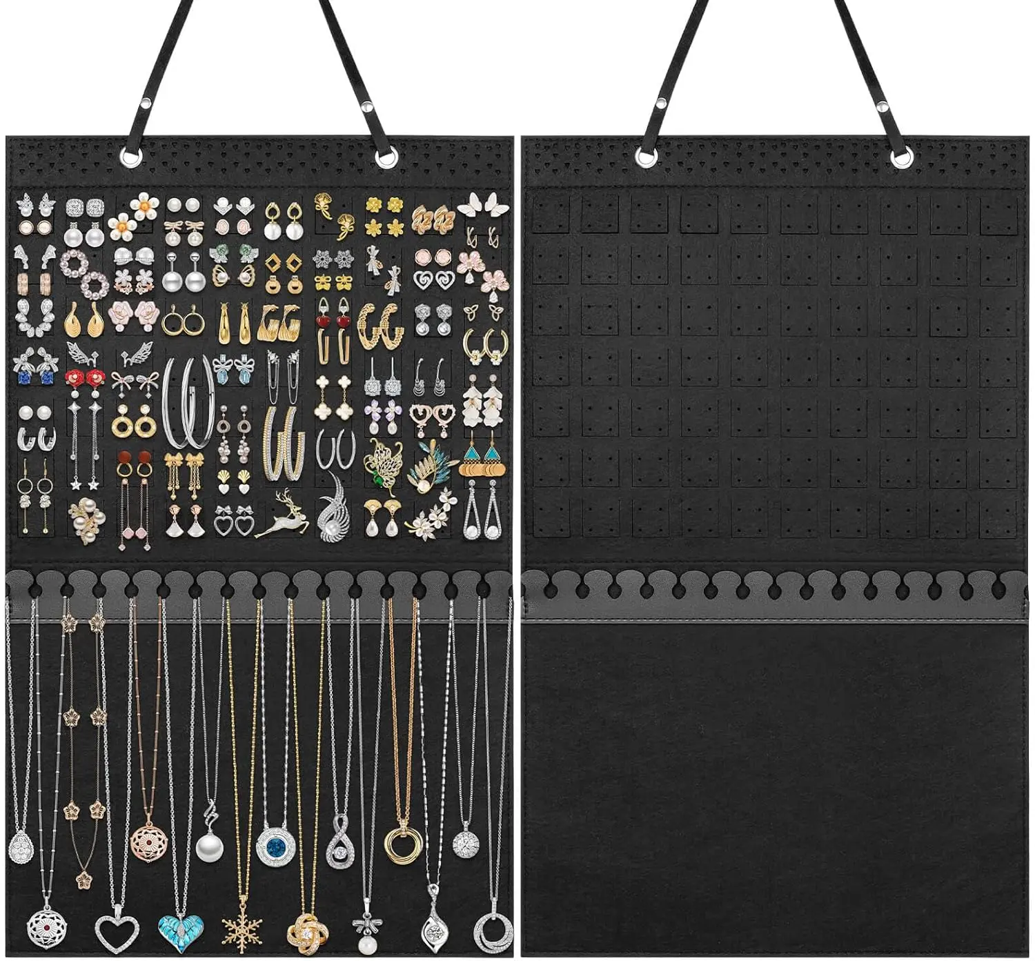 Durable Smooth Felt Leather Jewelry Organizer with Detachable Lanyard - Large Hanging, Adjustable, Modern Zoned Home Storage for Earrings, Necklaces, Bracelets, Enamel Pins, Anklets, No More Tangle