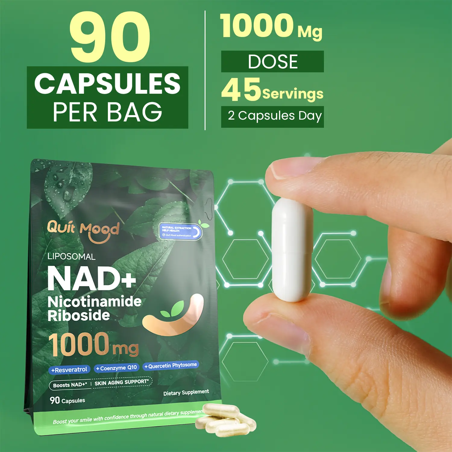 1000mg Liposomal NAD+ Supplement - Max Absorption Nicotinamide Riboside (NR) with Trans-Resveratrol & Quercetin, Cellular Energy & Healthy Aging, High Bioavailability Formula