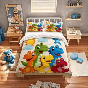3-Piece Cartoon Dinosaur Bedding Set, Full Polyester Brushed Digital Print Sheet Set, Includes One Fitted Sheet Two Pillowcases, Soft Comfortable Bed Sheet Sets, Bed Sheets Set