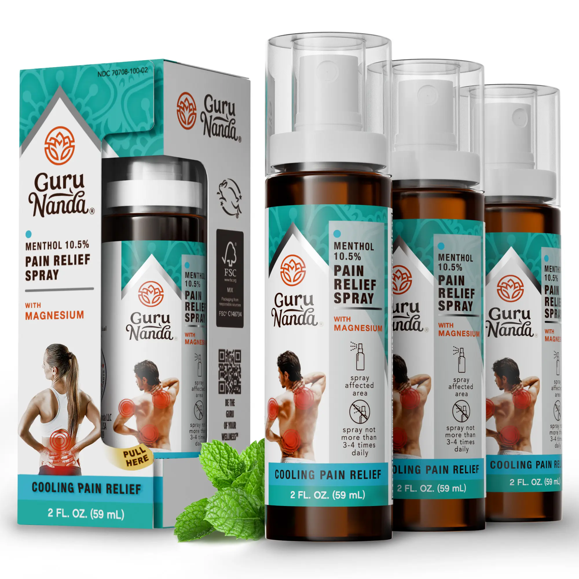 GuruNanda Menthol with Magnesium Spray for Pain Relief – 10.5% Menthol Cooling Spray for Muscle, Joint & Back Discomfort – Fast-Acting Relief, Pack of 3