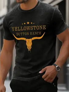 Men's Short Sleeve T-Shirt Streetwear Menswear Round Neck Yellowstone Dutton Ranch Skull Emblem Print Casual Letters Print, 100% Cotton Washed Vintage Fabric, Casual Fitted Medium Length, Casual Wear Clothing