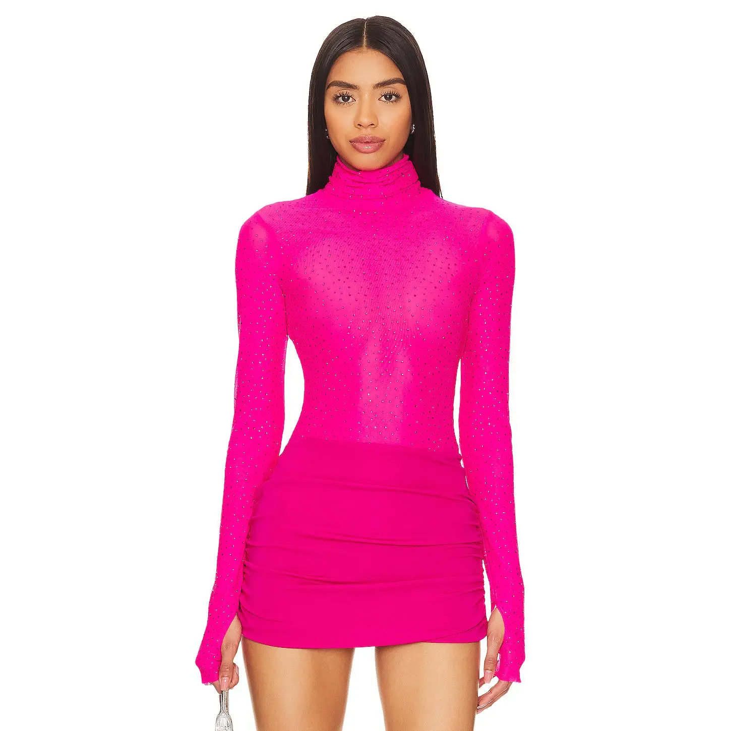 AFRM Milo Rhinestone Bodysuit in Glow Pink
