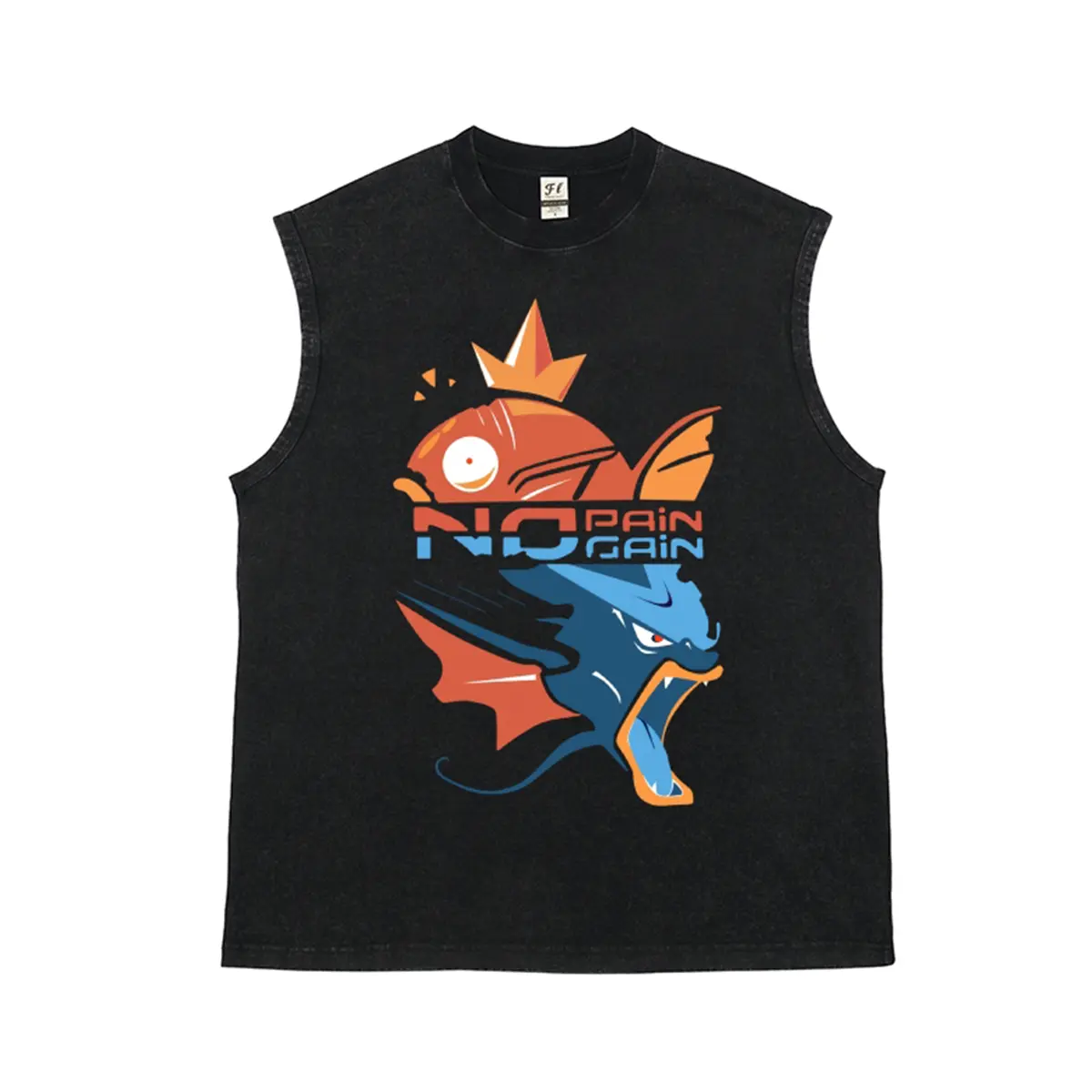 NO PAIN NO GAIN pocket Magikarp evolves into Gyarados Unisex Plus Size Summer Graphic Tees Personalized Pattern Y2k Clothing Round Neck Short-Sleeved Washed Vests,Women's Clothing 100% Cotton, Menswear, Top, Vintage Style, Casual Oversized