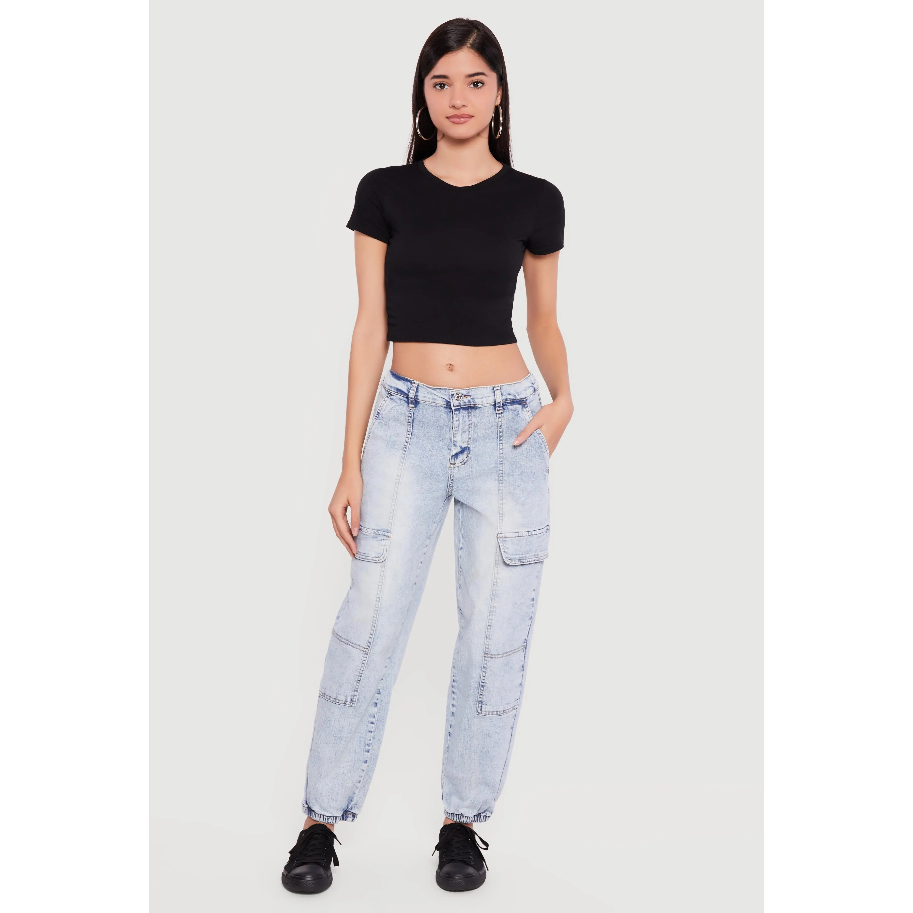 Acid Wash Denim Joggers with Cargo Pockets Acid Wash Denim Joggers with Cargo Pockets