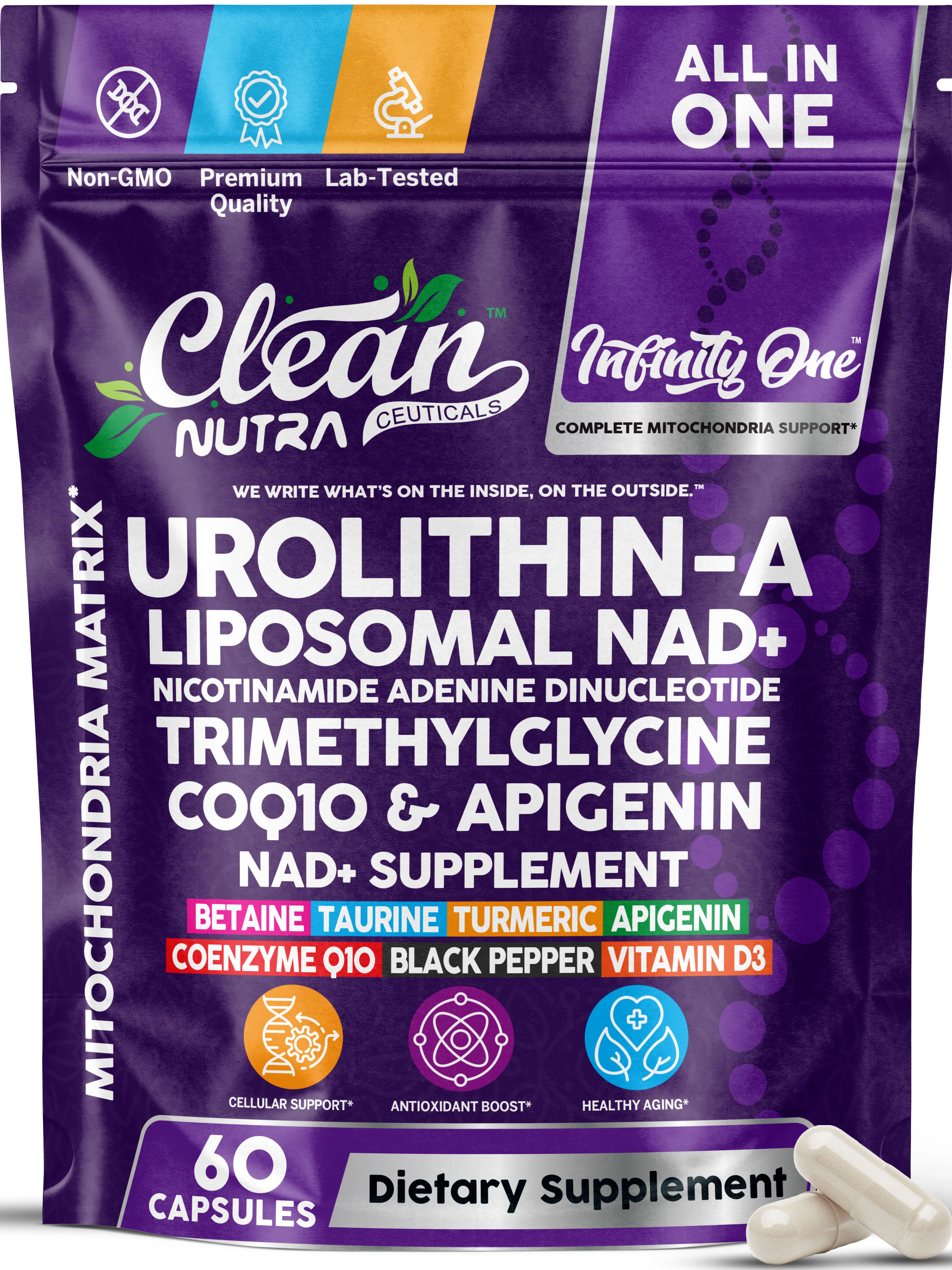 Urolithin A 250mg + NAD+ CoQ10 TMG Apigenin – Healthy Aging Cellular Energy Mitochondria Supplement – NAD Supplement – 60 Capsules – Clean Nutra Infinity One