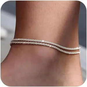 Women's Dainty Layered Waterproof Anklet Set - Adjustable Stackable Figaro Beaded Cuban Link Metal-Coated Anklets, Stylish Accessories for Women, Casual Geometric Fashion Jewelry for Beach Summer, Valentine's Day Gifts,summervibes outdoorfun