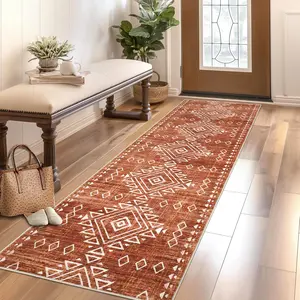 【GARVEE】Hallway Rug 2x6 Washable Tribal Geometric Runner with Non-Slip Backing Soft Non-Shedding Indoor Carpet Low Pile Farmhouse Rug for Kitchen Laundry Entryway Orange