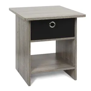 DARIO Side Table in French Oak offers storage bin, open-back shelf, rounded corners in a versatile design for bedrooms, living rooms, and small spaces