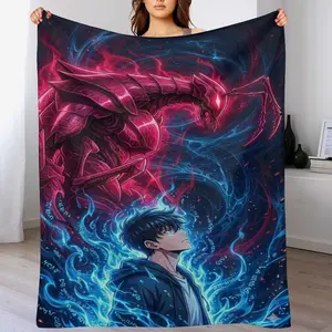 Solo Leveling Sung Jin Woo Blanket, Igris the Red Throw, Blue Fire & Red Dragon Cozy Fleece, Jin Woo Shadow Monarch Art Blanket, Solo Leveling Fan Decor