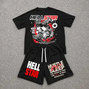 Men’s Summer 2 Piece Set, Hiphop Street Style Letter Print Short Sleeve T Shirt and Drawstring Shorts Matching Outfit, Lightweight Breathable Casual Set for Travel, Streetwear, Beach, Vacation, and Daily Wear