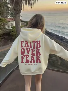 Girls' Fitted Long Sleeve Geometric Print Hoodie, Casual Fall & Winter Top, Fashionable Faith over Fear Design, Versatile Sportswear