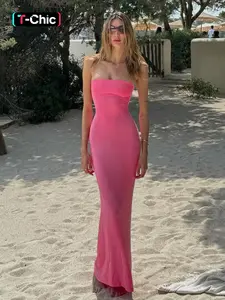 Women's Solid Backless Lace Up Tie Back Bodycon Dress, Elegant Fashion Maxi Tube Dress for Party Club Dating Wear, Ladies Dress for Summer, Strapless Prom Dress