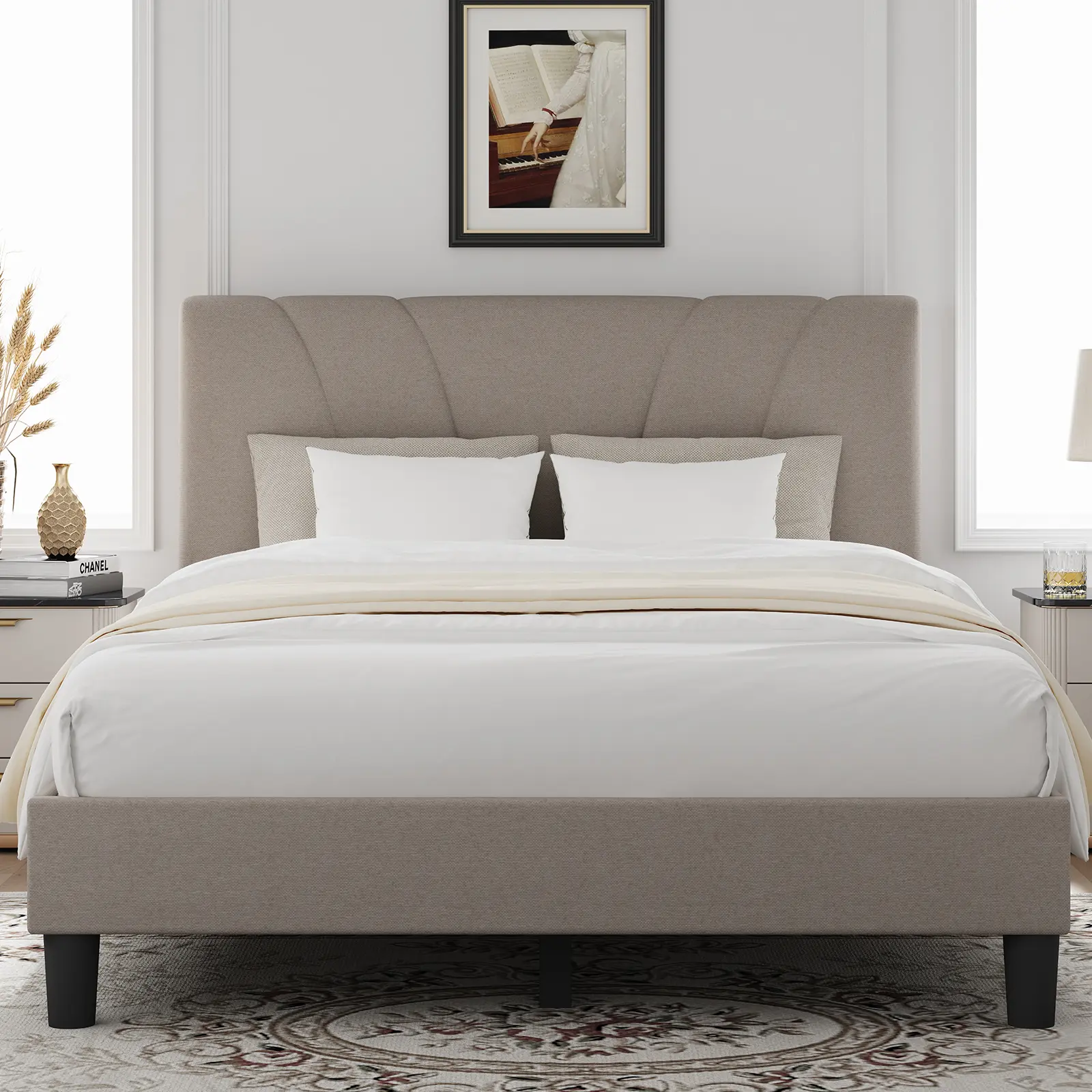 Bed Frame Upholstered Platform Full/Queen/King Bed Frame with Adjustable Headboard, Strong Weight Capacity, No Box Spring Needed, Easy Assembly,tiktokshopmemorialday
