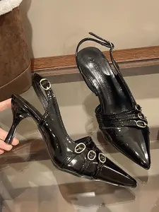 Women's Black Patent Leather Buckle Decor Pointed Toe Stiletto Slingback Sandals, Retro Elegant-Chic Style, Sophisticated Evening Shoes #RetroElegantShoes, #BuckleStilettoSandals, #SophisticatedChicSlingbacks