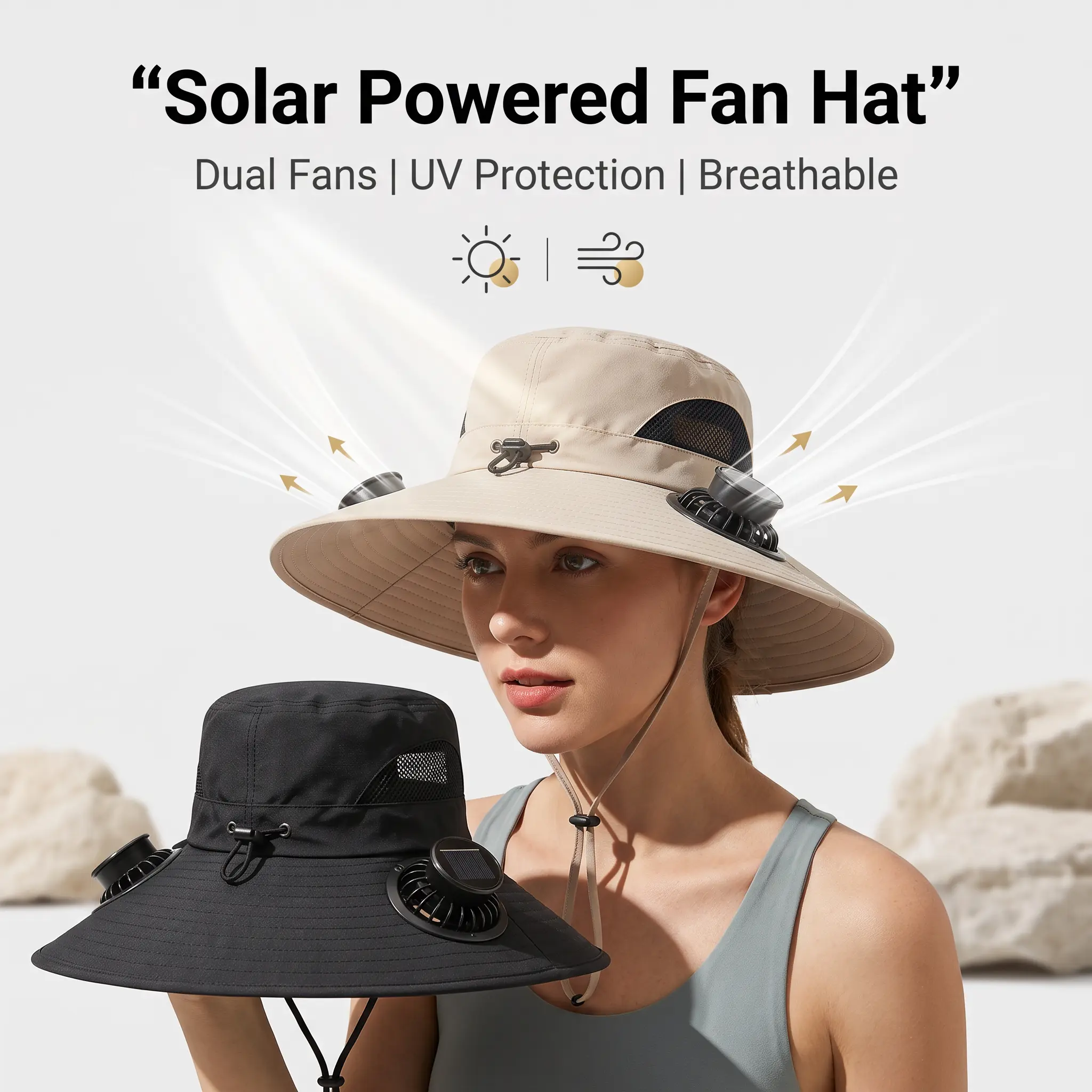 Solar Fan Wide Brim Sun Hat UPF50 UV Protection, Rechargeable Solar Powered Cooling Fishing Hat, Waterproof Breathable Outdoor Bucket Hat for Hiking Gardening Fishing Beacha