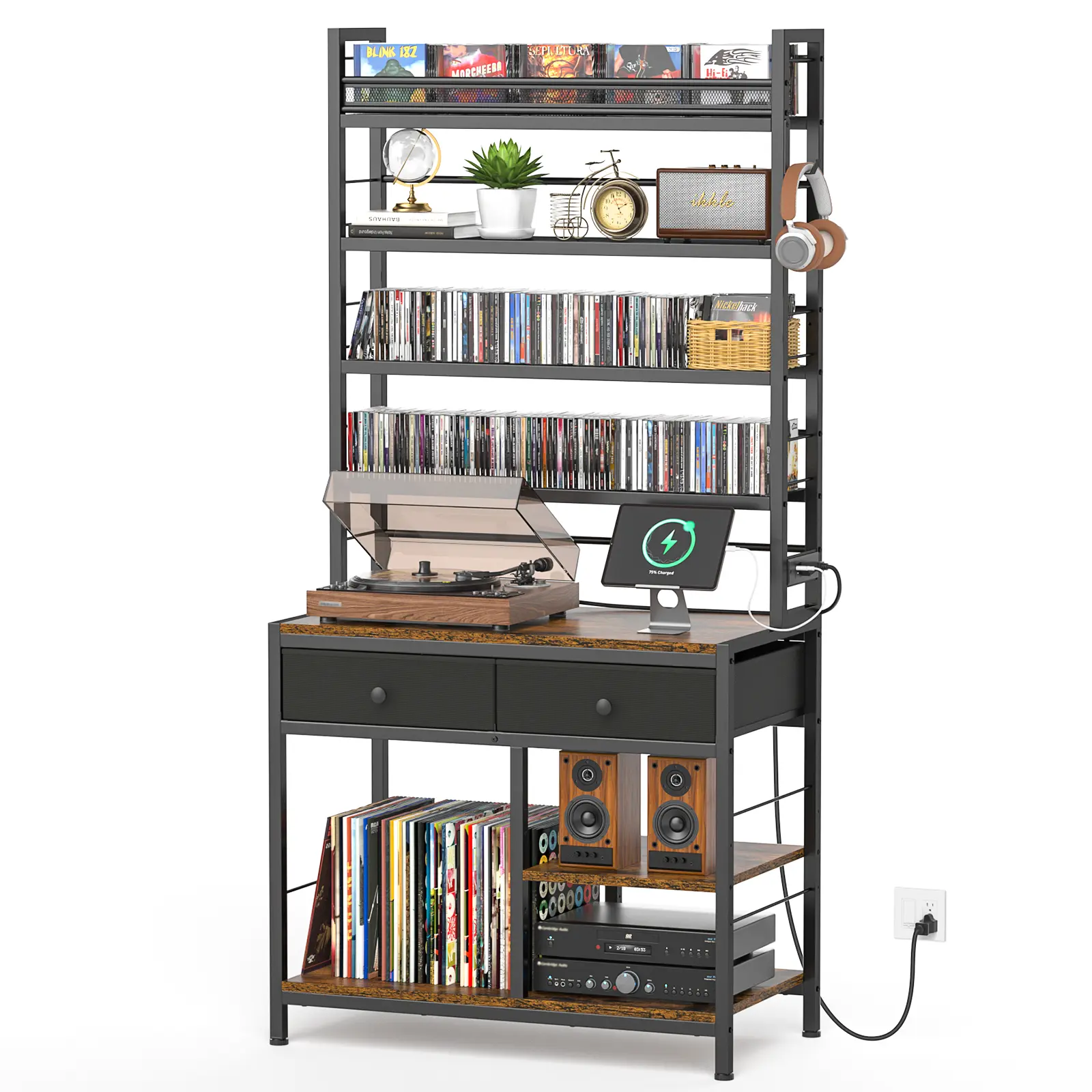 Record Player Stand with Vinyl Storage, 8-Tier Turntable Stand, Large Capacity CD/DVD Rack & Record Storage Organizer with Drawers for Living Room