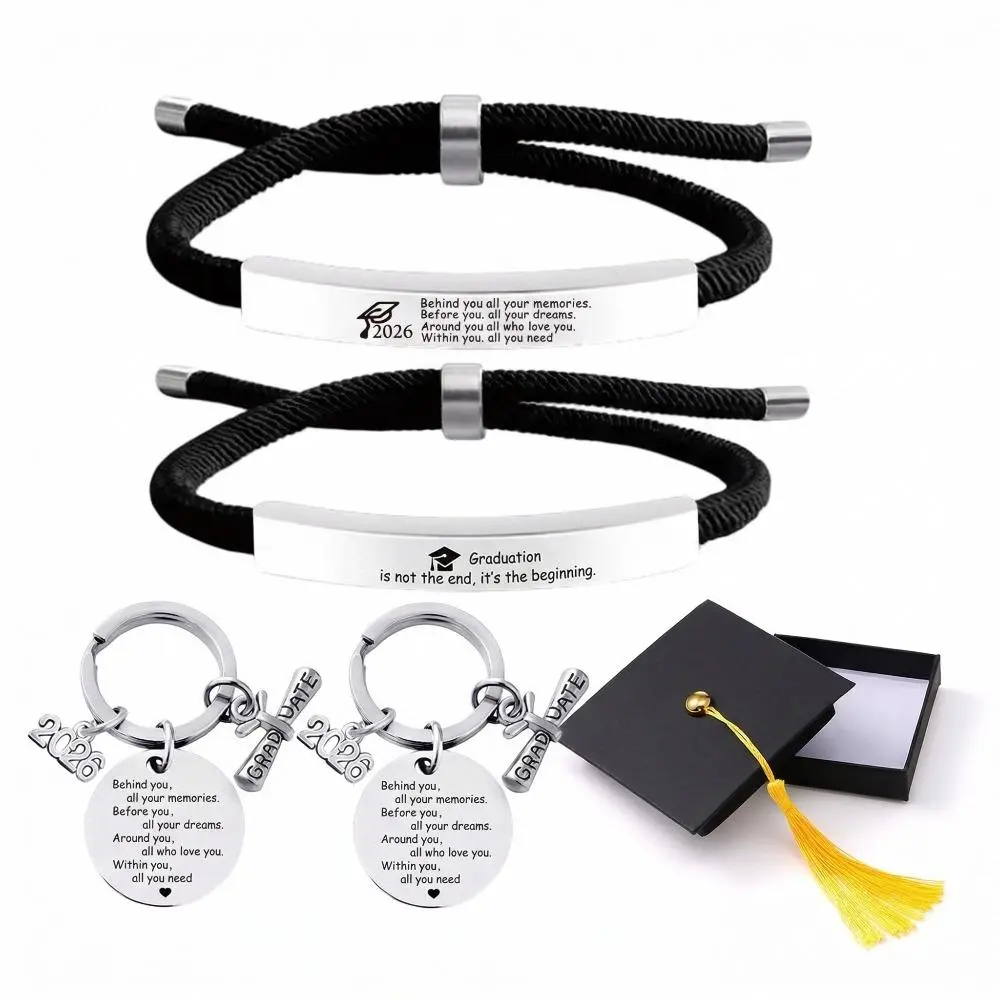 2026 Graduation Gift Set - Stainless Steel Letter Inspirational Adjustable Sliding Knot Bracelet & Metal Coating Keychain in Jewelry Box, Daily Milestone Gifts for Senior School Leavers (Kindergarten, 5th, 8th Grade), 2‑Piece Gift Set, Hypoallergenic Wear