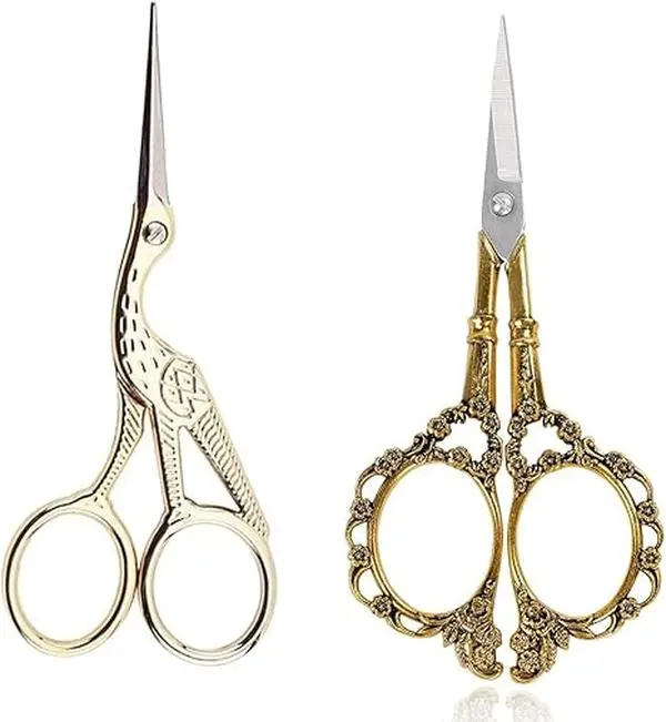 Vintage Gold Plum Blossom-Crane Design Embroidery Scissors - Small Size Hand Tools with Sharp Precision Metal Blades for Fabric Cuts, Classic Ornamental Handle for Cross Stitch, DIY Crafts