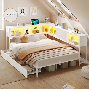 Hasuit Corner Twin Bed Frame with Storage Drawers and Bookcase Headboard, Twin Size Metal Platform Corner Bed Frame with Charging Station and LED Lights, Twin Daybed for Kids Teens Guests