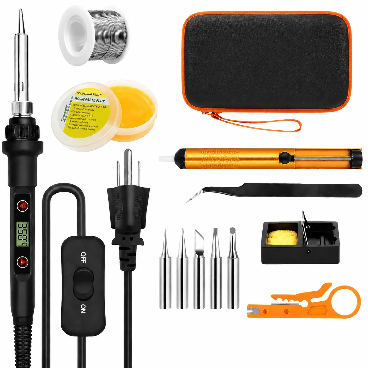 Soldering Iron Kit 80W LCD Adjustable Temperature 180-520℃ Solder Kit Electronics 13 in 1 Welding Tools with ON/OFF Switch, Solder Wire, Flux, 5 Soldering Tips, Desoldering Pump, Stand, Tweezers