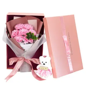 Realistic Flower Bouquet Gift Box, 7 Carnations Bear Design, Creative Valentine's Day Mother's Day Christmas Present Idea, Artificial Flower Decoration