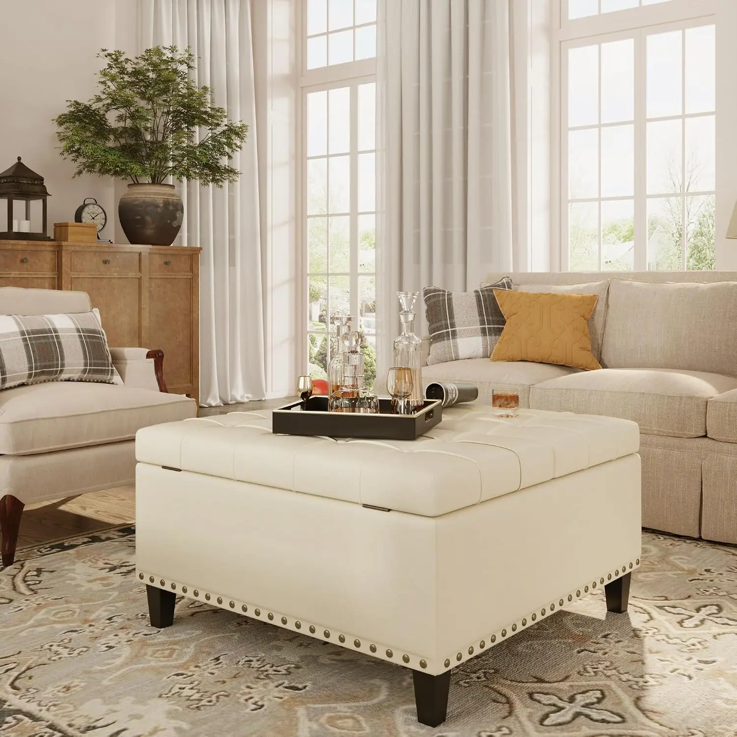 [Summergarden] Vabches Tufted Square Ottoman Coffee Table with Storage, Leather Upholstered Cube Storage Ottoman, Oversized Footrest Stool Toy Box Storage for Livingroom Bedroom