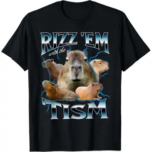 [Cotton graphic tees]men gifts Casual shortsleeve tops  Rizz Em With The Tism Capybara Funny Oddly Dank Meme T-Shirt zp01