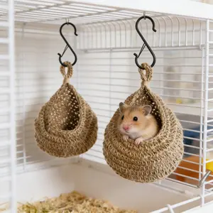 1PC Spring/Summer Woven Burlap Style Hanging Small Pet Hammock with Fixed Hooks, Breathable Comfortable Small Pet Bed Hamster Sleeping Nest, Hamster Cage Habitat, Suitable for Hamsters, Guinea Pigs, Ferrets, Squirrels, And More in All Seasons