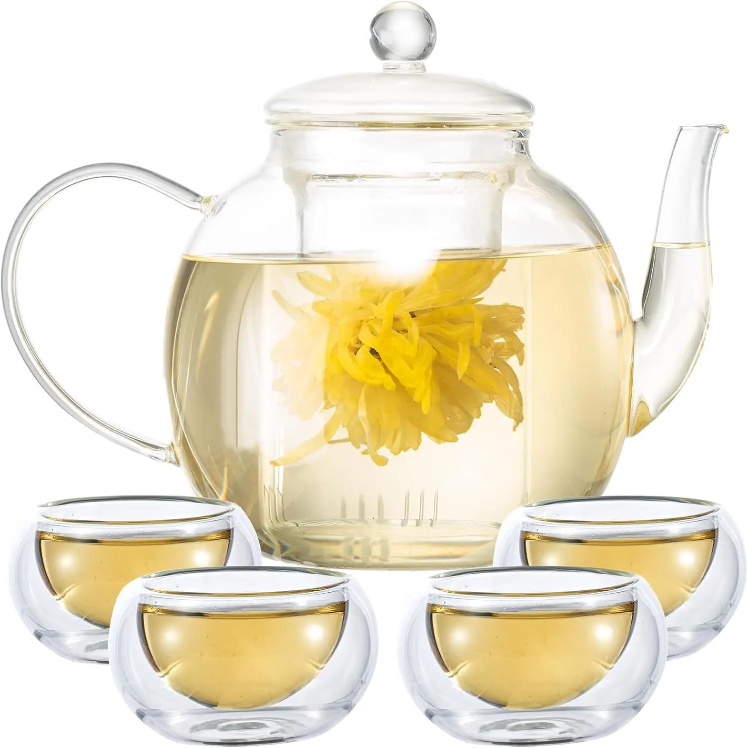 Glass Infuser Tea Kettle, Teapot Set with 4 Teacups, 1500 ml/50 oz Tea Pot with Infusers for Loose Tea and Flower Tea Kettle Gift Box Tea Set, Stovetop and Microwave Safe Borosilicate Glass