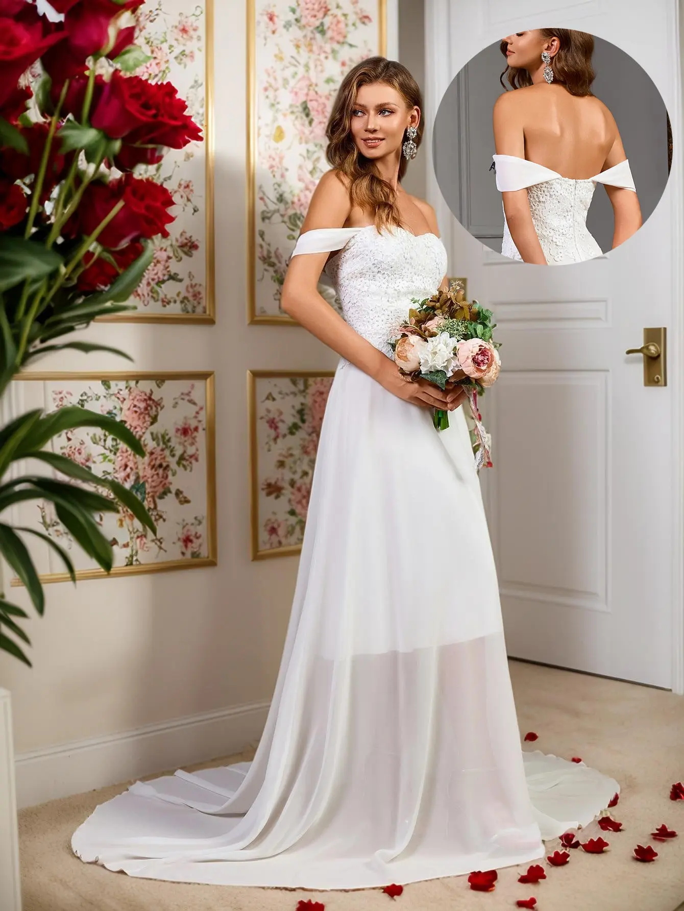 2025 summer new foreign trade dress wish Amazon shoulder lace chiffon stitching wedding dress
