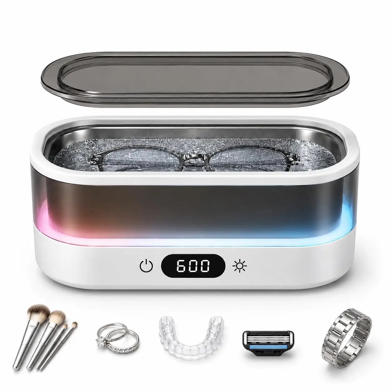 Ultrasonic Cleaner for Jewelry, Glasses & Retainers, 48kHz Sonic Cleaning Machine with 7-Color LED Ambient Light, Digital Timer, Quiet Deep Cleaner for Rings, Dentures & Watches Versatile Portable Jewelry and Denture Cleaner Clean