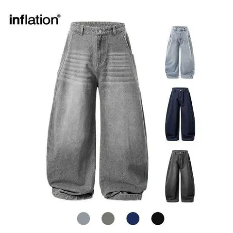 Inflation Men's Washed Oversized Long Loose Plain Cotton Blend Denim Cargo Jeans - Pull-On Balloon Trousers with Pockets, Classic Chic Comfy Menswear for Casual Streetwear & Workwear Clothes Products
