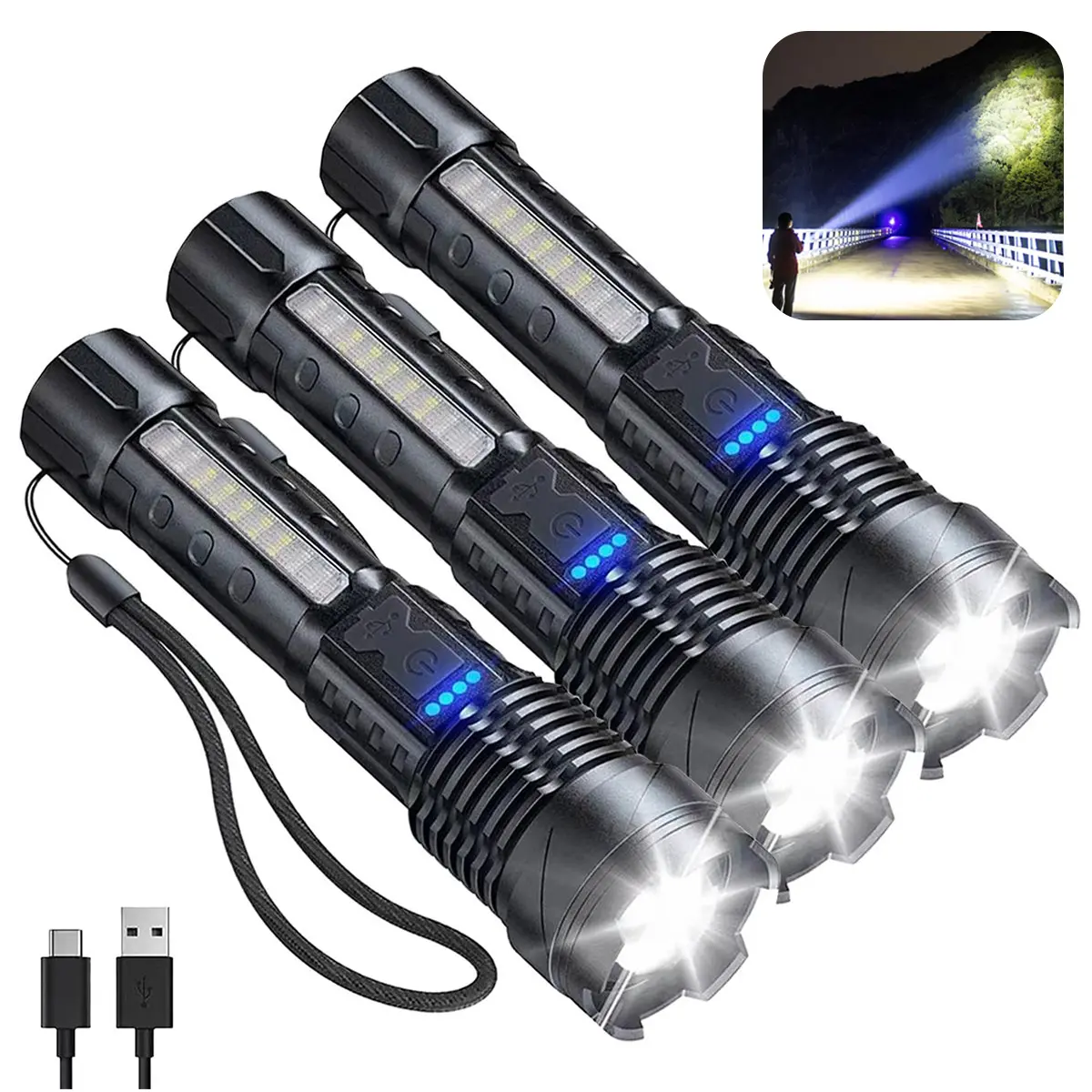 3pcs Flashlights High Lumens Rechargeable, LED Super Bright Flash Light with LCD Digital Display, 7 Mode, Waterproof, Powerful Flashlight for Emergencies Camping Gift
