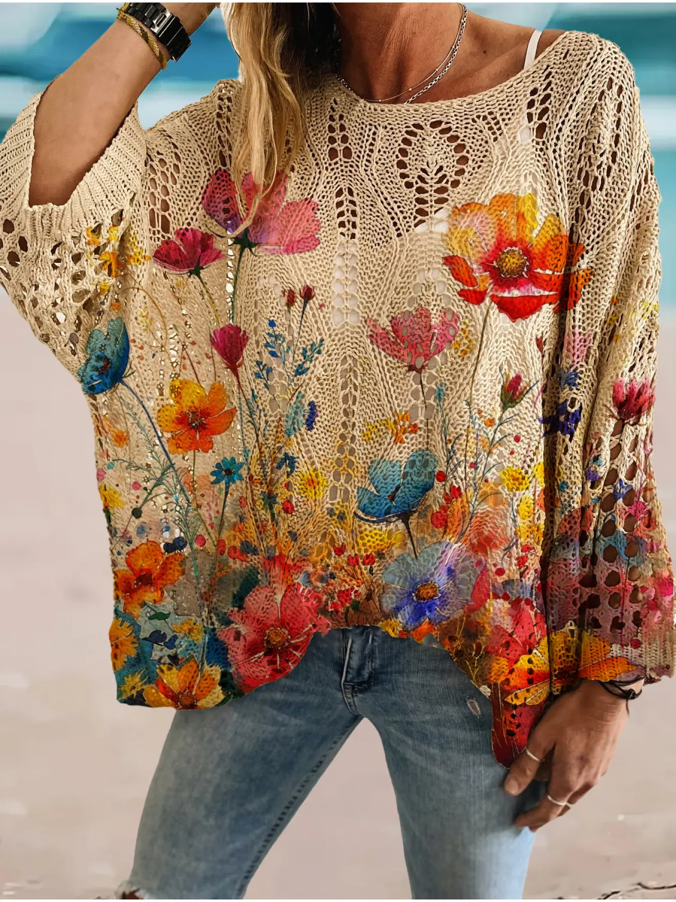 Spring & summer crew neck diamond hollow batwing sleeve knit sweater Womenswear, floral print loose Fit Boho vacation-style cover-up, casual, elegant and versatile for commuting Top Knitwear