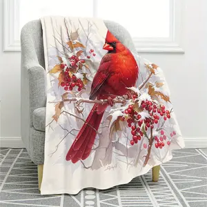 Red Cardinal Bird Flannel Throw Blanket - All Seasons Digital Print Soft Sofa Cover, Air Conditioning Nap Blanket, Velvet Gift Blanket, Contemporary Style, 100% Polyester-280GSM